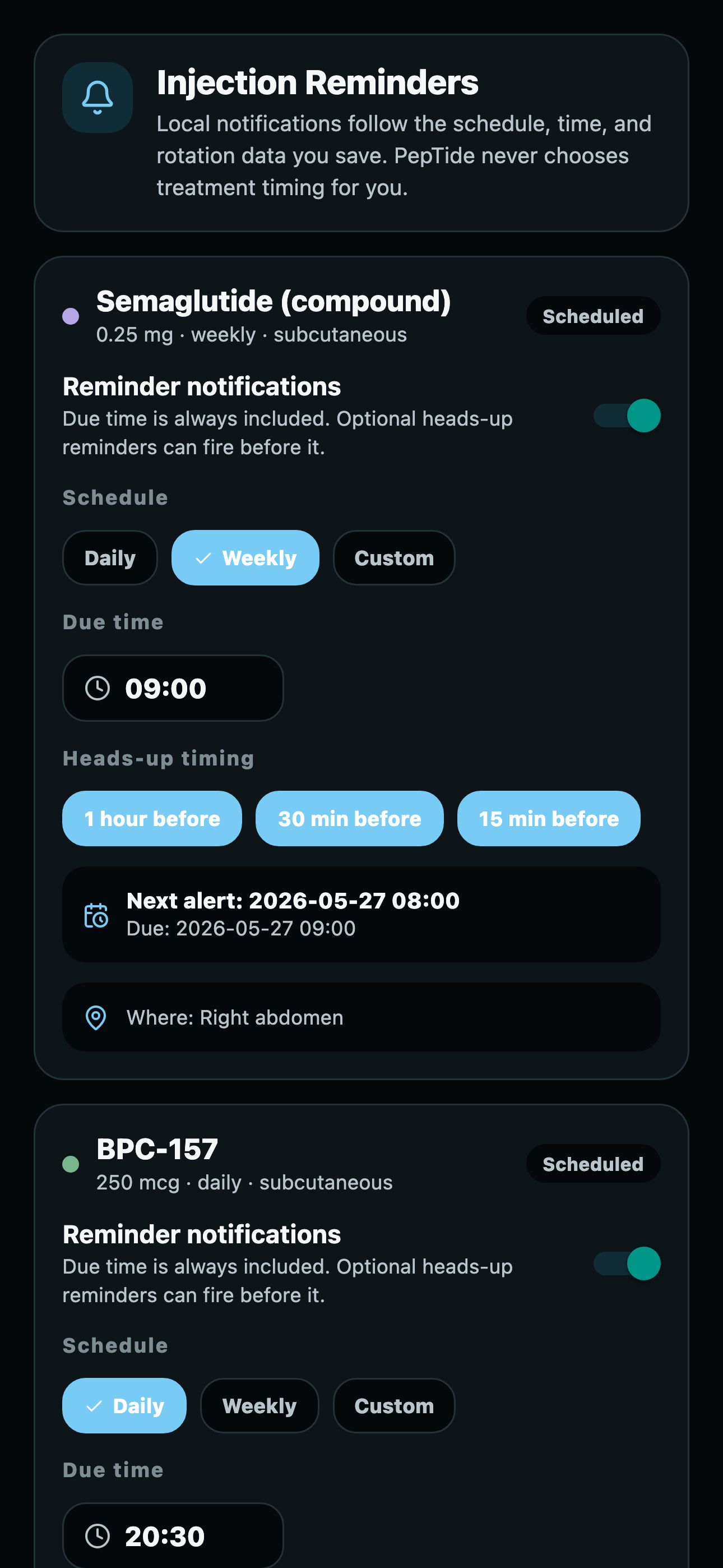 PepTide reminders screen